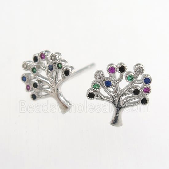 copper earring studs paved zircon, tree of life, platinum plated