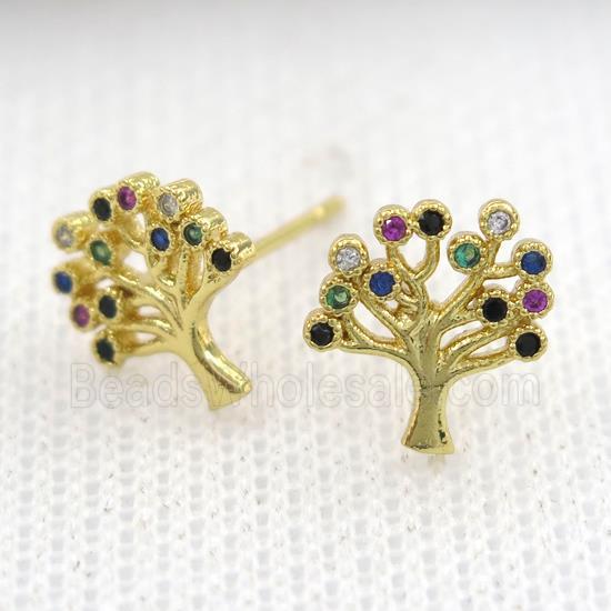 copper earring studs paved zircon, tree of life, gold plated