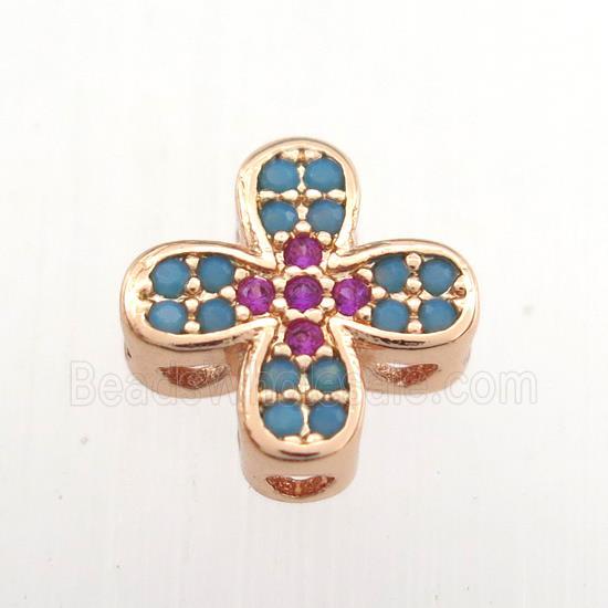 copper cross beads paved zircon, turq, rose gold