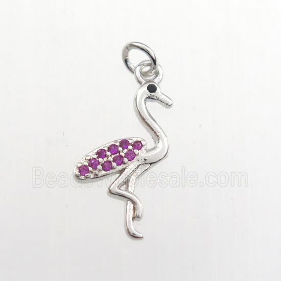 copper crane pendant paved zircon, platinum plated