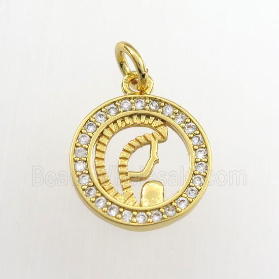 copper pendant paved zircon, circle, gold plated