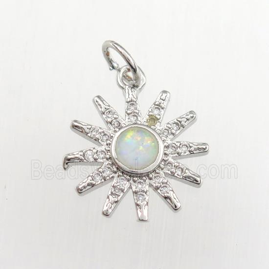 copper sun pendant paved zircon with fire opal, platinum plated