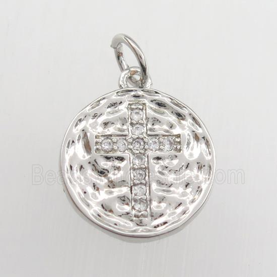copper circle pendant paved zircon with cross, hammered, platinum plated