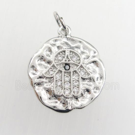 copper circle pendant paved zircon with hamsahand, hammered, platinum plated