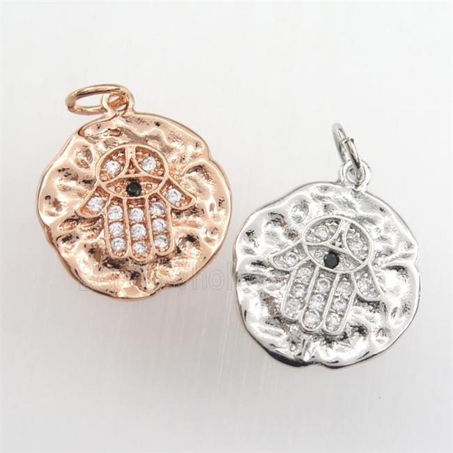 copper circle pendant paved zircon with hamsahand, hammered, mix color