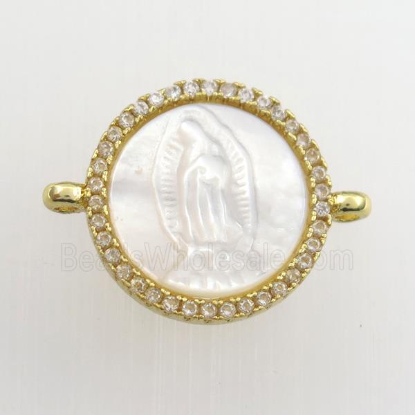 copper circle connector paved zircon with shell Jesus, religious, gold plated