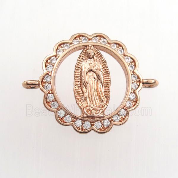 copper circle connector paved zircon with Jesus, religious, rose gold