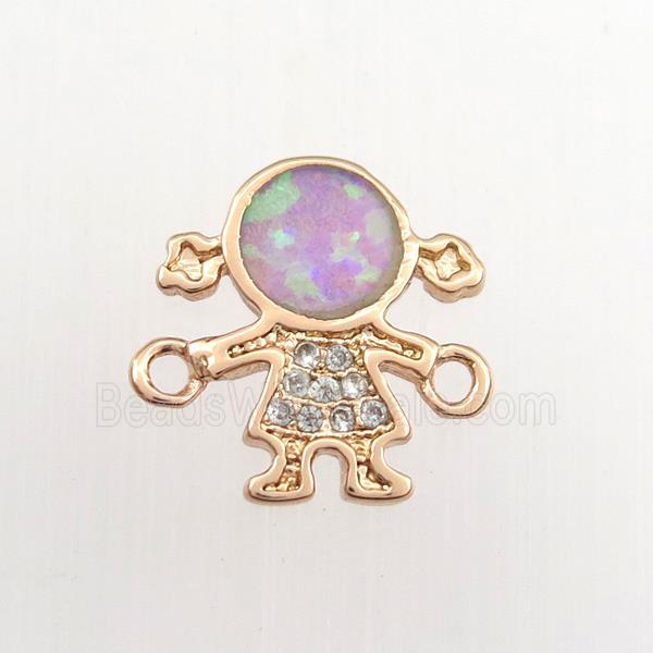 copper kids connector paved zircon with fire opal, cartoon, rose gold