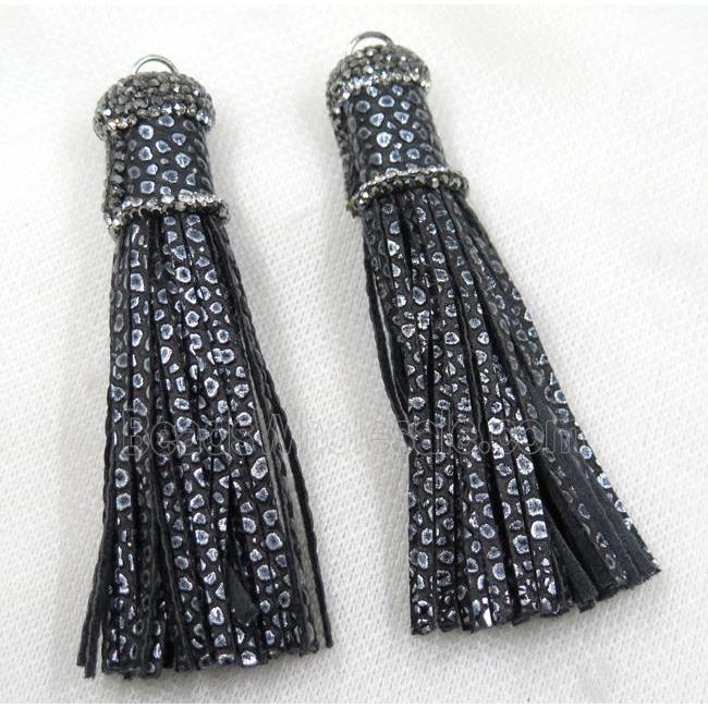 black PU leather tassel pave rhinestone