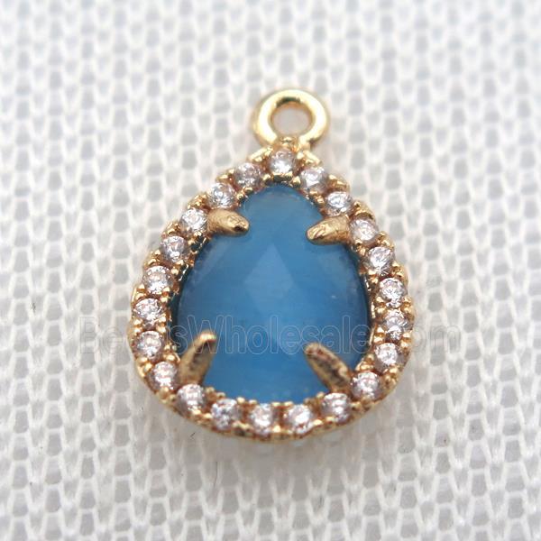 copper teardrop pendant pave zircon with blue crystal glass, gold plated