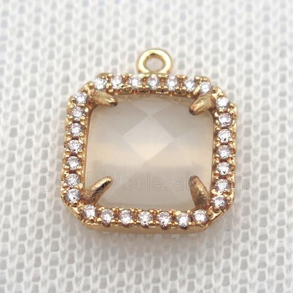 copper square pendant pave zircon with white crystal glass, gold plated
