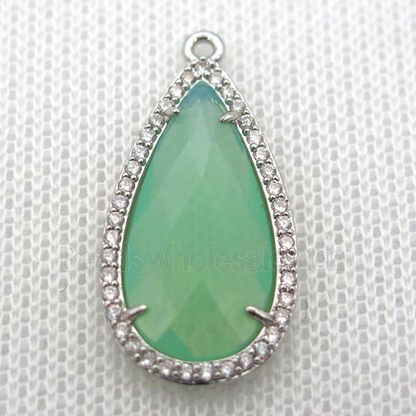 copper teardrop pendant pave zircon with green crystal glass, platinum plated