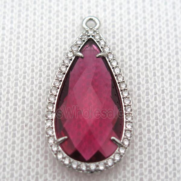 copper teardrop pendant pave zircon with redwine crystal glass, platinum plated