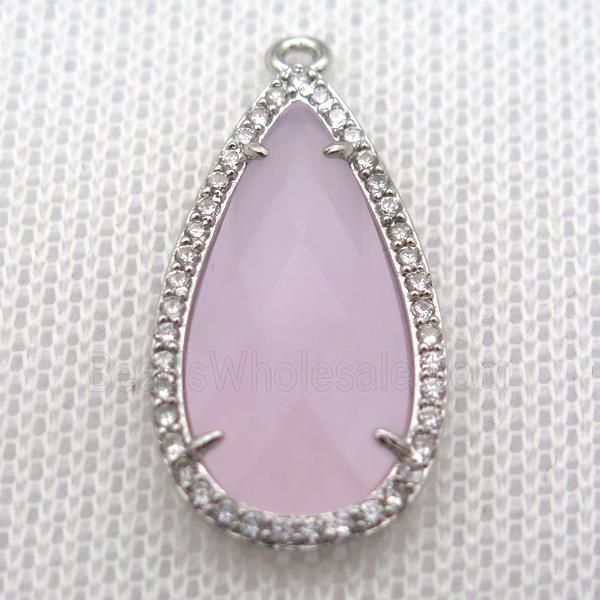 copper teardrop pendant pave zircon with pink crystal glass, platinum plated