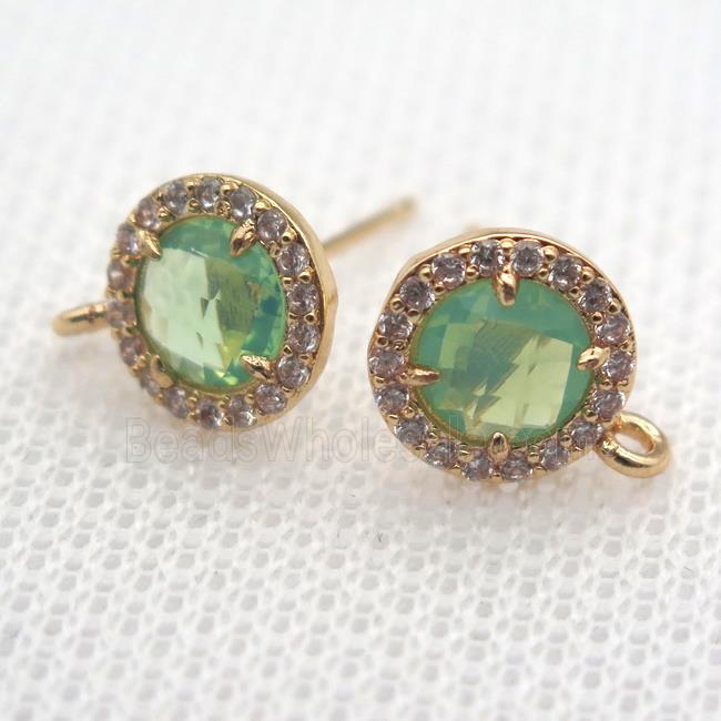 copper circle stud Earrings pave zircon with green crystal glass, gold plated