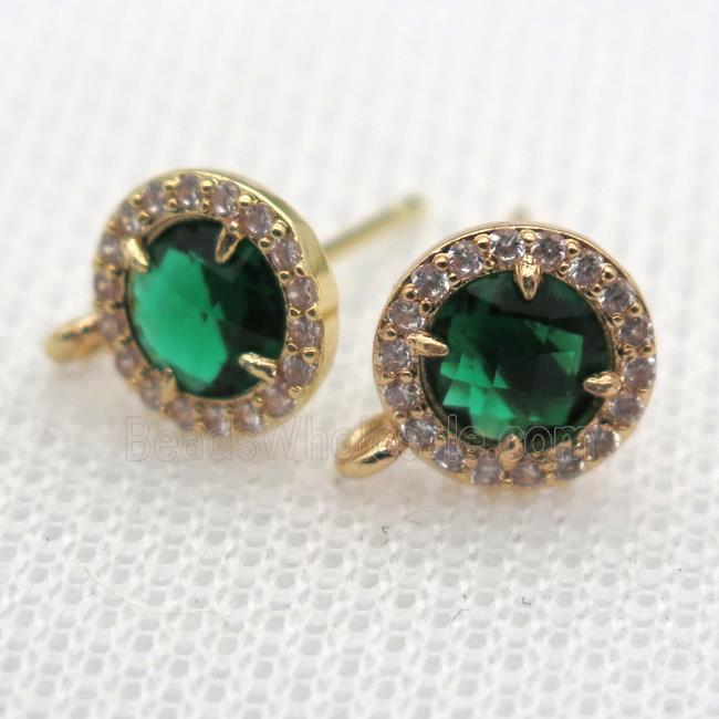 copper circle stud Earrings pave zircon with emerald crystal glass, gold plated