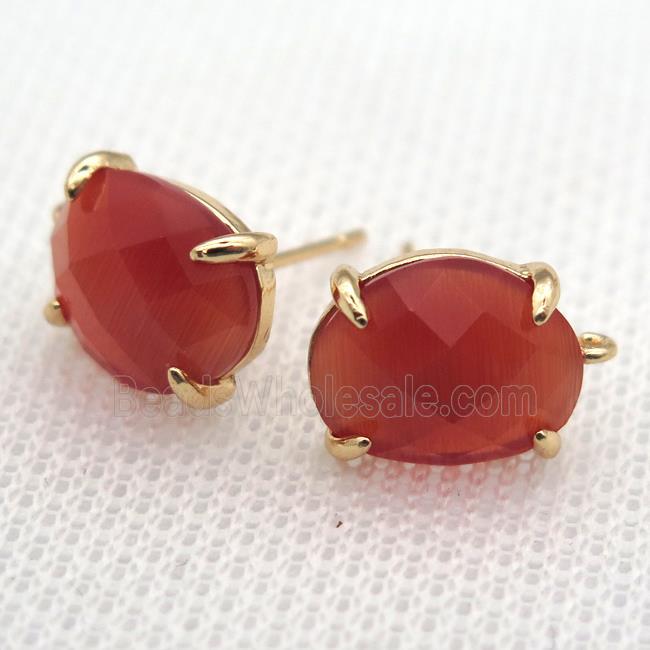 copper stud Earrings with red crystal glass, gold plated