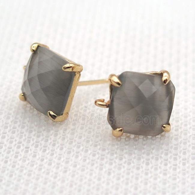 copper square stud Earrings with gray crystal glass, gold plated