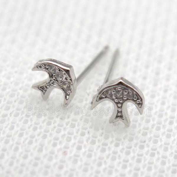 copper Studs Earrings pave zircon, swallow, platinum plated