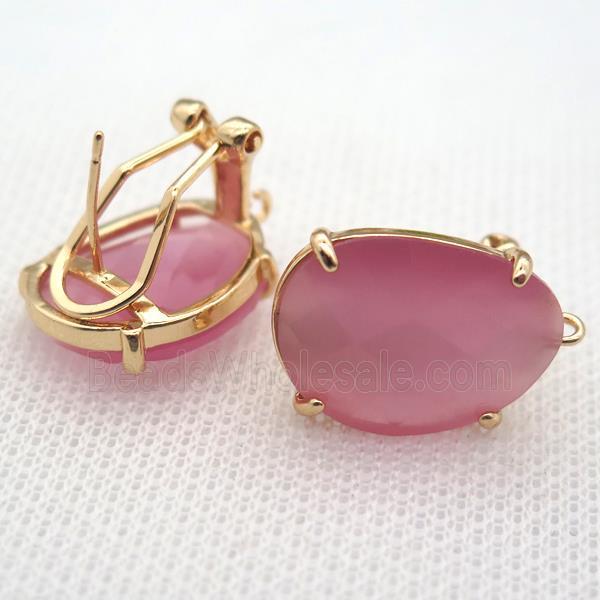 copper clip Earrings with pink crystal glass, gold plated