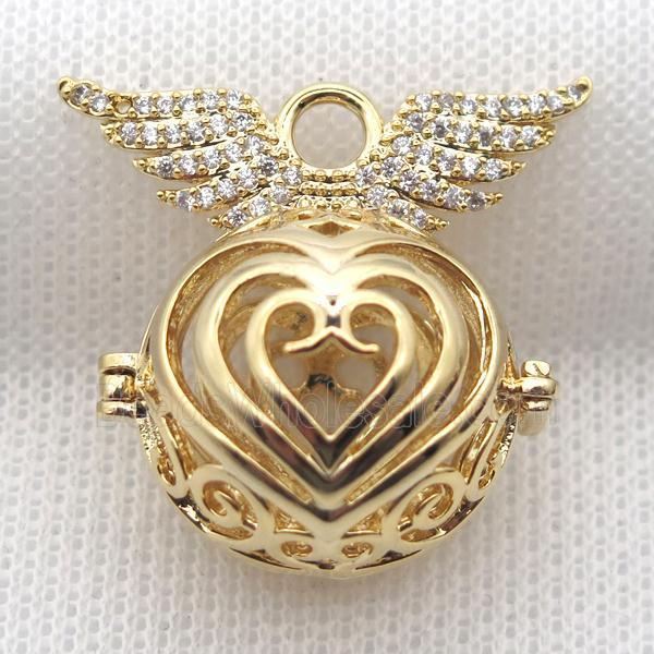 copper locket pendant pave zircon with angel wing, gold plated