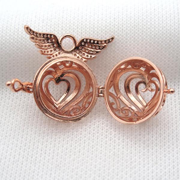 copper locket pendant pave zircon with angel wing, rose gold