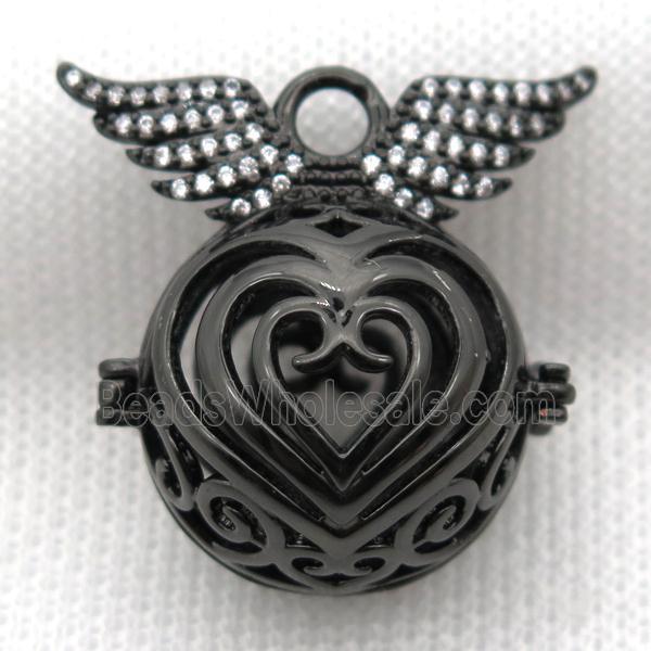 copper locket pendant pave zircon with angel wing, black plated