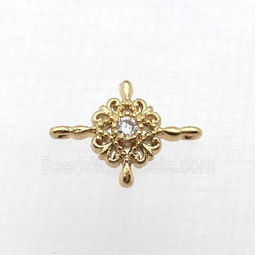 copper flower connector pave zircon, gold plated