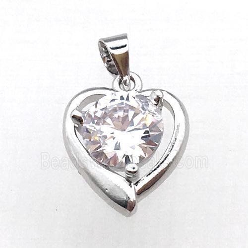 copper heart pendant pave zircon, platinum plated