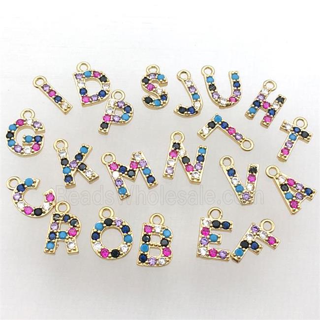 copper Letter charm Pendant pave zircon, gold plated, mix color