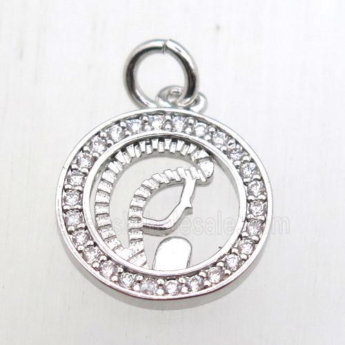 copper circle pendant pave zircon, platinum plated