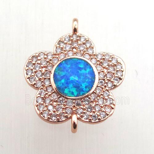 copper flower connector pave zircon with fire opal, rose gold