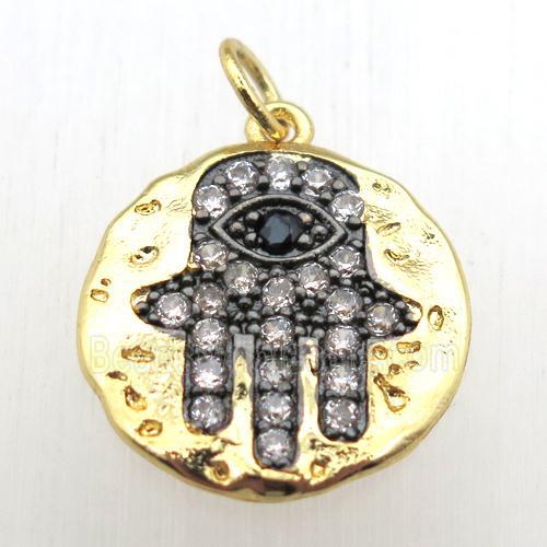 copper hamsahand pendant pave zircon, gold plated