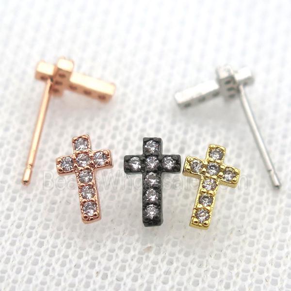 copper stud Earrings pave zircon, cross, mixed color