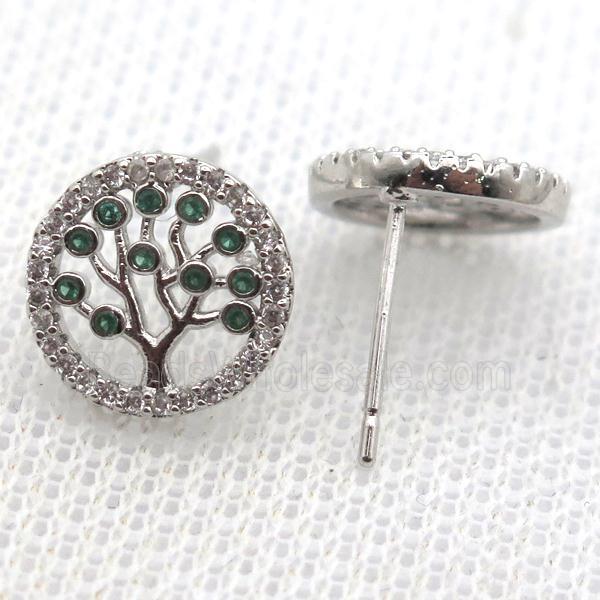 copper stud Earrings pave zircon, tree of life, platinum plated