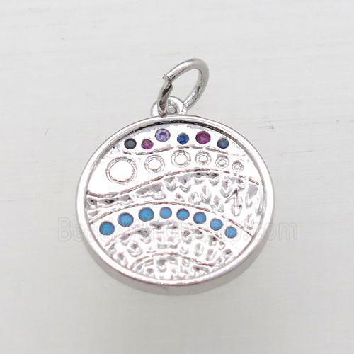 copper circle pendant pave zircon, platinum plated