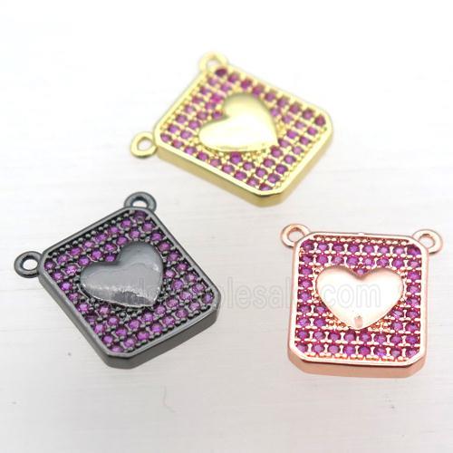 copper heart pendant pave zircon with 2loops, mixed color
