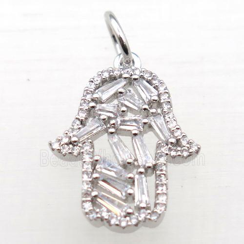 copper hamsahand pendant pave zircon, platinum plated
