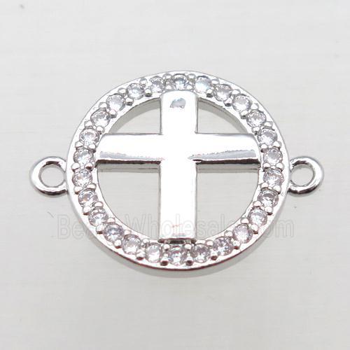 copper circle cross connector pave zircon, platinum plated