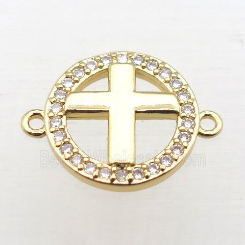 copper circle cross connector pave zircon, gold plated