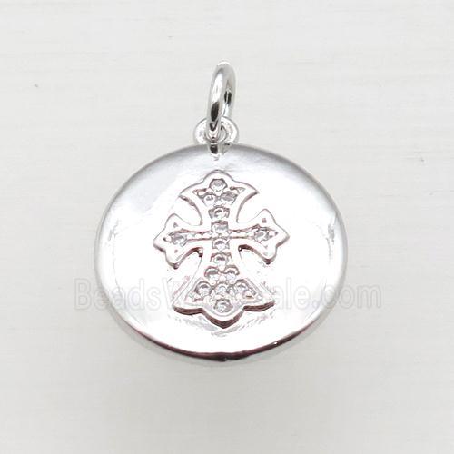 copper corss pendant pave zircon, platinum plated