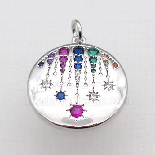 copper circle pendant pave zircon, platinum plated