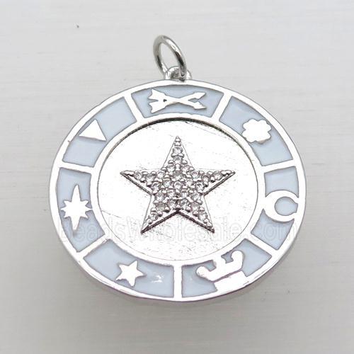 copper circle pendant pave zircon with Enameling, platinum plated