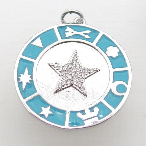 copper circle pendant pave zircon with Enameling, platinum plated
