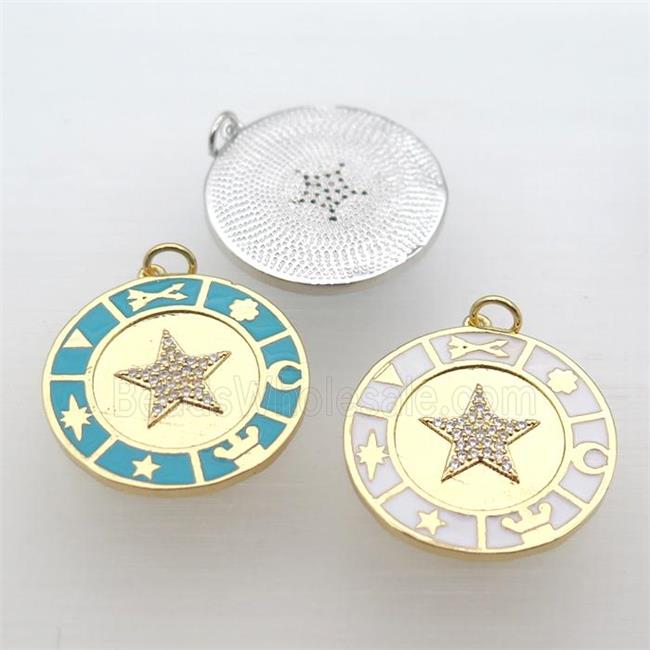 copper circle pendant pave zircon with Enameling, mixed color