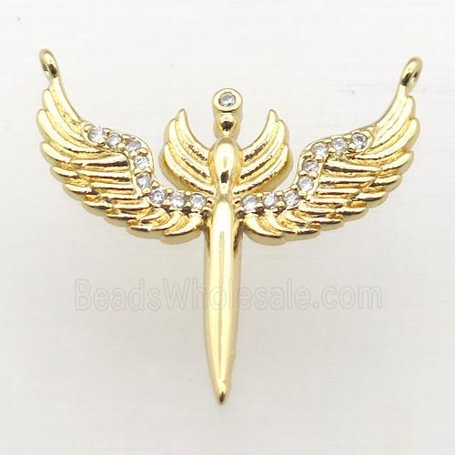 copper pendant pave zircon, angel wing, gold plated