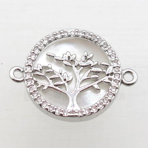 copper circle pave zircon, tree of life, platinum plated