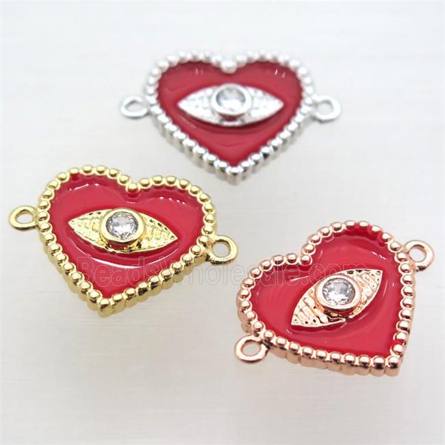 copper heart connector pave zircon with red Enameling, mixed color