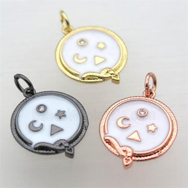 copper circle pendant pave zircon with white enameling, mixed color