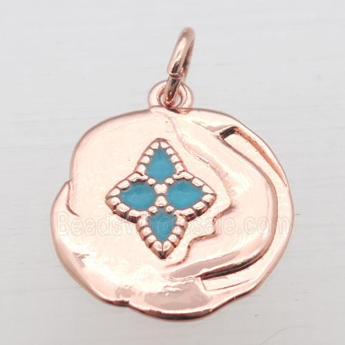 copper circle pendant with enameling, rose gold
